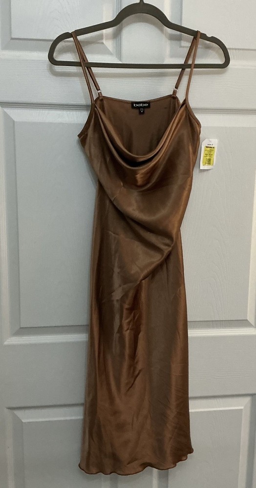 NWT- Bebe Bronze Satin Cowl Neck Iconic Sultry SEXY Slip Dress Sz Med