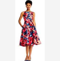 Adrianna Papell Mikado Dress Sz 8 Floral-Print Midi Cocktail Fit & Flare $229