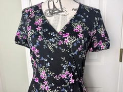 New FORTUNE+IVY Boho Black Floral Puff Sleeve Faux Wrap Comfy Dress Women Size S