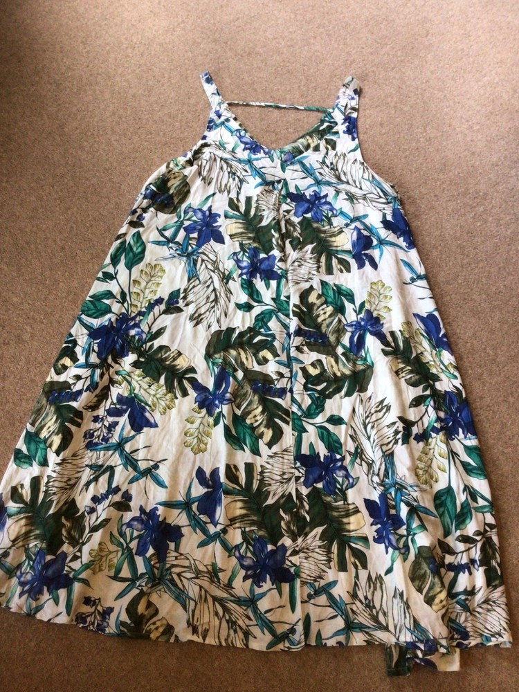 Blue Green Multi Lightweight Summer Sun Dress. Floral . Leaves. XXL .:EU 48