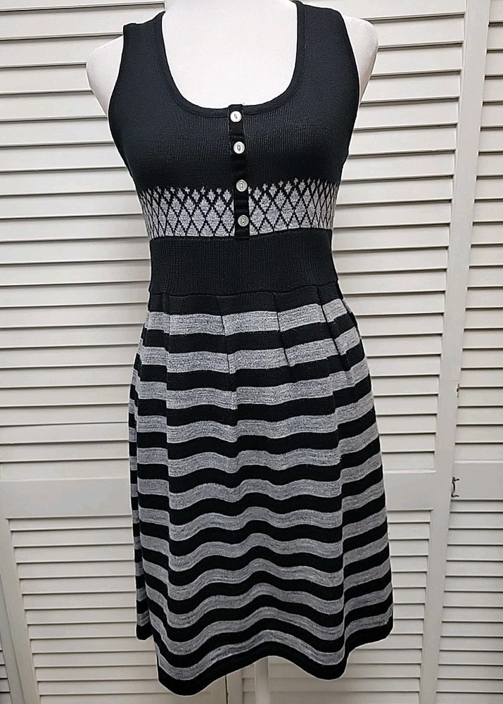 Nick And Mo Medium Black Gray Knit Sleeveless Dress Acrylic Wool Blend Stripes