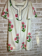 Ivory Pink Green Floral Shift Dress V-Neck Flutter Short Sleeve Cotton L