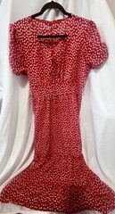 Women’s Plus 16W Red/White Polka Dot Blouson Midi V-Neck Puff Sleeve Dress