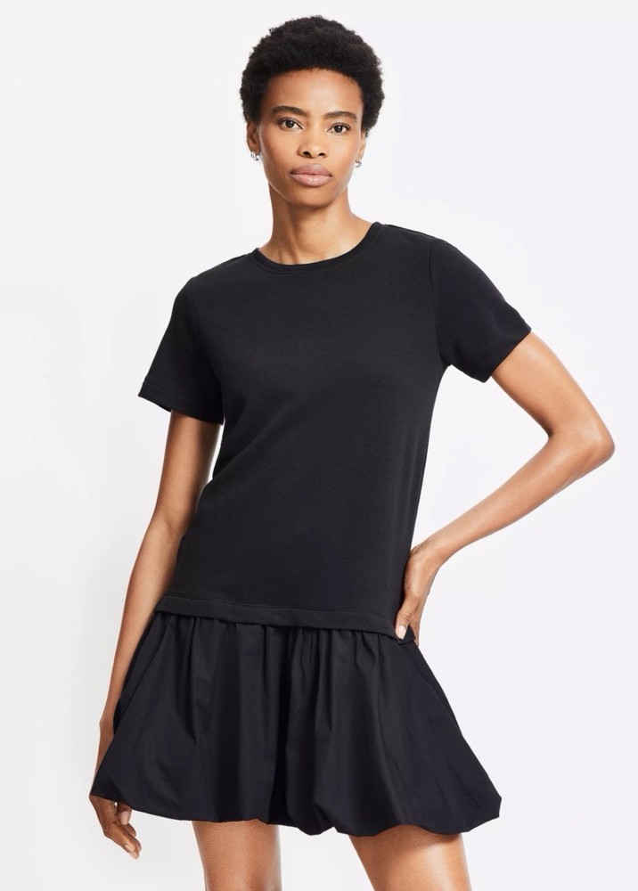 LOFT Bubble hem mini dress terry cotton top with drop waist skirt Black Medium
