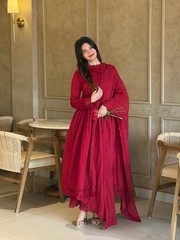Designer Roman Silk Embroidered Gown Set Dupatta Party Wedding Anarkali Dress