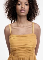 Tahari ASL Womens Ruched Bodice Border Print Midi Dress In Mustard Haze –