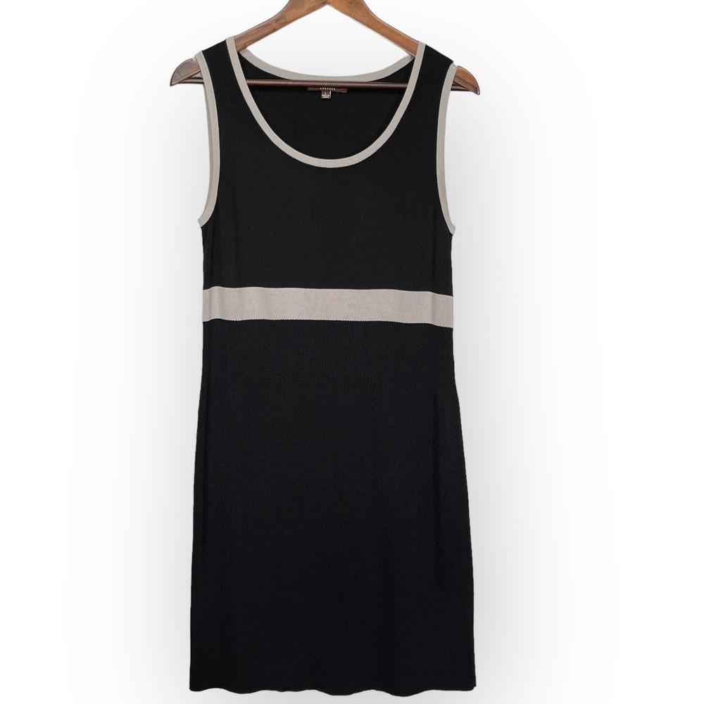 Adrienne Vittadini Womens Black Beige Sleeveless Ribbed Knit Sheath Dress Large