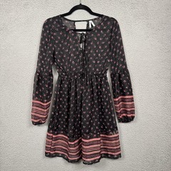 Mudd Dress Womens S Black Mini Sheer Floral Overlay Boho Tie Front Bell Sleeve