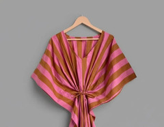 Indian Pink Handmade Cotton Striped Kaftan Maxi Dress Women&rsquo;s Clothing Gown US