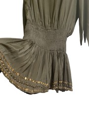 Muche Et Muchette Womens Mini Dress Olive Green Studded Balloon V-Neck Size OS