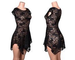Sheer Black Stretch Lace Zig Zag Hem Mini Dress XS to 3XL plus size see-through