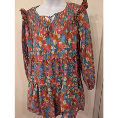 1048 – ODDY Floral Smocked Dress Long Sleeve Ruffle Blue Pink 2X