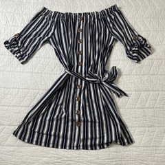 Liv & Lottie Off Shoulder Striped Button Belted Mini Dress Navy White Size XL