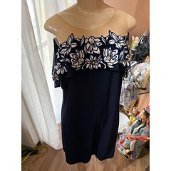 MSK Navy Blue Floral Lace Rhinestone Illusion Neck Cold Shoulder Dress Large