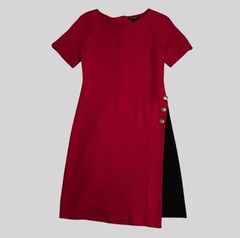 St John Dress Womens 4 Red Black Sheath Gold Button Side Slit Short Sleeve