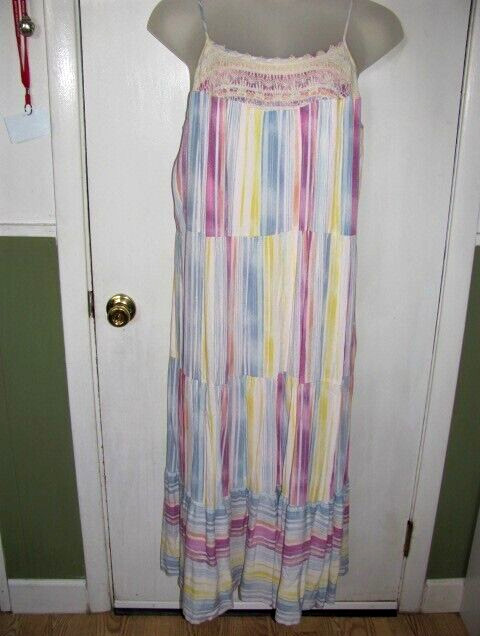 NWT $78 LAUREN CONRAD Multi Stripe & Crochet Lace LINED Tiered Maxi Dress 1X 2X?