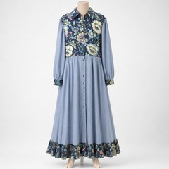 Vintage Handmade Floral Prairie Maxi Dress Size XL Pearl Snap Western Chambray
