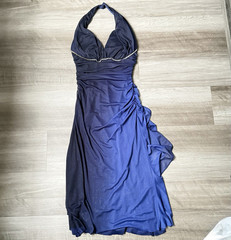 BETSY & ADAM Linda Bernell Blue Halter Ruched Beaded Chiffon Sheath Dress 4