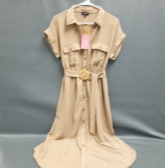 BLU PEPPER NWT Collared Button Down Belted Mid Dress CR2250 Tan Sz M