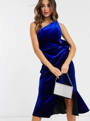 Asos One-Shoulder Royal Blue Velvet Tuck Midi Dress