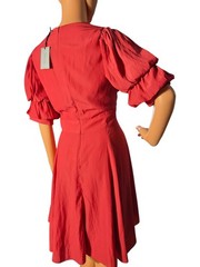 1.STATE M Red Solid V-Neck 3/4 Puff Sleeve Short A-Line Dress Zip Ruffle
