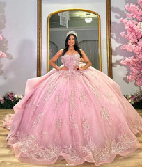 Blush Pink Strapless Glitter Lace Train Quinceanera Sweet 16 Ball Gown