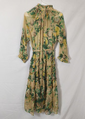 O.P.T. Sheer Yellow Green Floral button up midi dress kitty bow Size M romantic