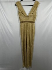 NWT $598 Mac Duggal [ 2 ] 5625 Beaded Cap Sleeve V Neck Column Gown Gold #J265