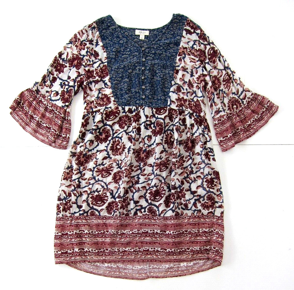 Style & Co 100% Rayon Pink Blue Red Floral 3/4 Sleeve Tunic Smock Dress Small