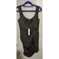For Love & Lemons Black Satin Lace Trim Lace-Up Ruched Scoop Mini Slip M