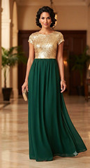 Red Clover Gold Green Sequin Chiffon Maxi Dress Scoop Neck Short Sleeve Size S