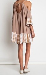 New Boho Women&rsquo;s Taupe Tie Dye Cold Shoulder Beach Dress S M L Vacation Bohemian