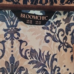 BLOOMCHIC Plus Size 28 Beige/Blue Damask V-Neck Long Sleeve Maxi Dress
