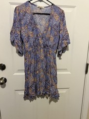 Rewind Purple/Yellow Floral V-Neck Short Sleeve Ruffle Hem Short Dress L