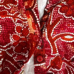 Samantha Sung Red Mosaic Print Linen Shirt Dress 3/4 Sleeve Belted Size 4 EUC