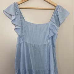 MINKPINK Aries Tiered Midi Dress Size M Blue Stripe Cottagecore Boho
