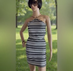 Topshop Black White Striped Halter Bodycon Mini Dress side Zip Straps Sz 4