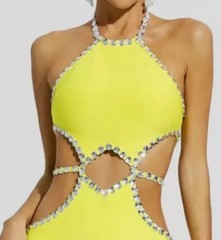 (b21/15)Elegant Yellow Cut Out Bodycon Dress Bella Barnett rhinestones Size M