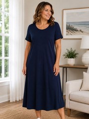 Lands’ End Midi Dress 2X Navy Blue Stretch Short Sleeve Casual Relaxed 20W-22W