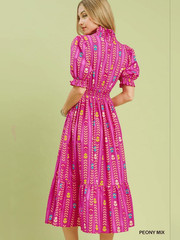 Umgee Peony Mix Fuchsia Printed Puff-Sleeve Midi Dress sz Large