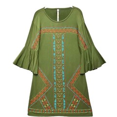 Uncle Frank Embroidered Bell Sleeve Boho Knit Dress S Small Olive Green