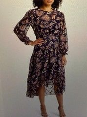 Eliza J Floral Midi Dress Long Sleeve Ruffle Tiered Chiffon Lined Size 14