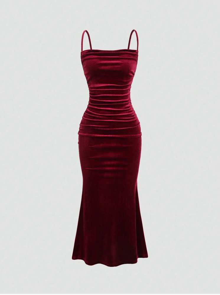 Burgundy MOD Solid Ruched Mermaid Hem Cami Dress Sz XS S M L
