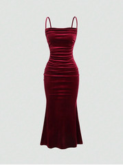 Burgundy MOD Solid Ruched Mermaid Hem Cami Dress Sz XS S M L