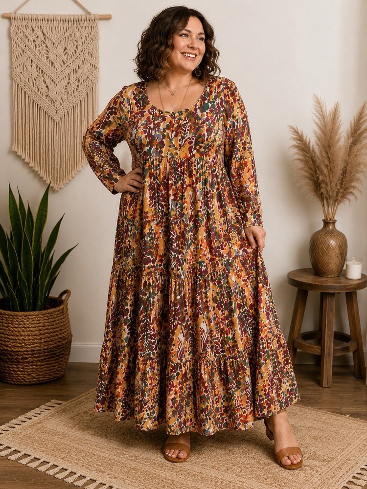 Plus Size 1XL Boho Floral Abstract Long Sleeve Tiered Maxi Dress