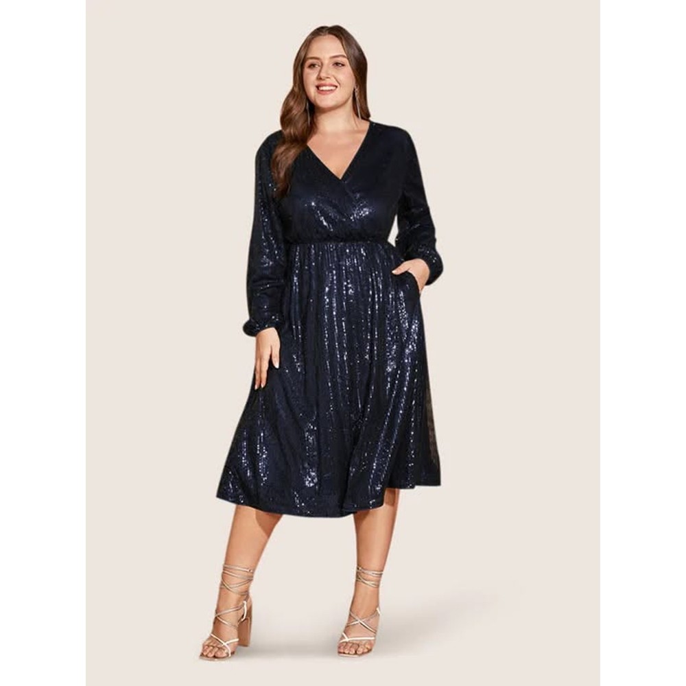 Solid Pocket Lantern Sleeve Wrap Sequin Dress 1x