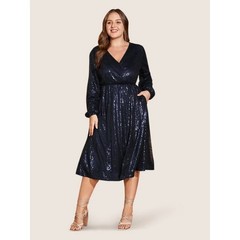 Solid Pocket Lantern Sleeve Wrap Sequin Dress 1x