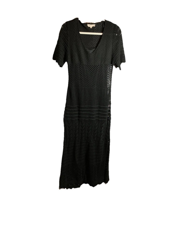 Solitaire Black Crochet Maxi Dress Lined V-Neck Short Sleeve Acrylic Polyester L