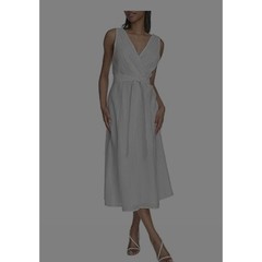 Halston Womens Cream Textured Grid V-Neck Sleeveless Midi Dress Size 4 HD5BDCDW