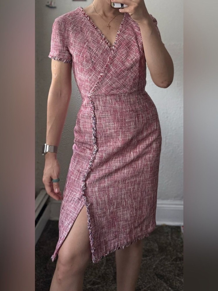 Banana Republic Pink Tweed Faux Wrap Fringe Sheath Dress Size 0